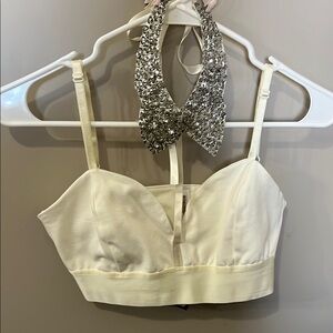 White Crop Top with Silver Embellished Collar